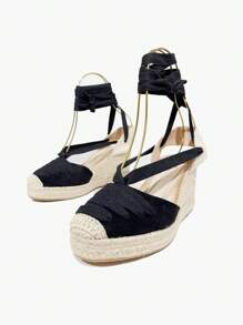 Women's High Wedge Espadrille Sandals With Laces, Summer Espadrille Platform Sandals With Esparto Sole, High Wedge Sandals With Laces - NK526-negra - View 3