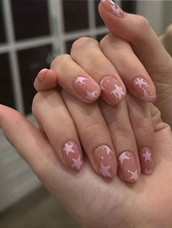 Juego de 24 uñas postizas ovaladas cortas, uñas falsas francesas rosas simples con estrellas, decoración de uñas DIY dulce y fresca, adecuado para que las mujeres y niñas lo usen en cualquier ocasión