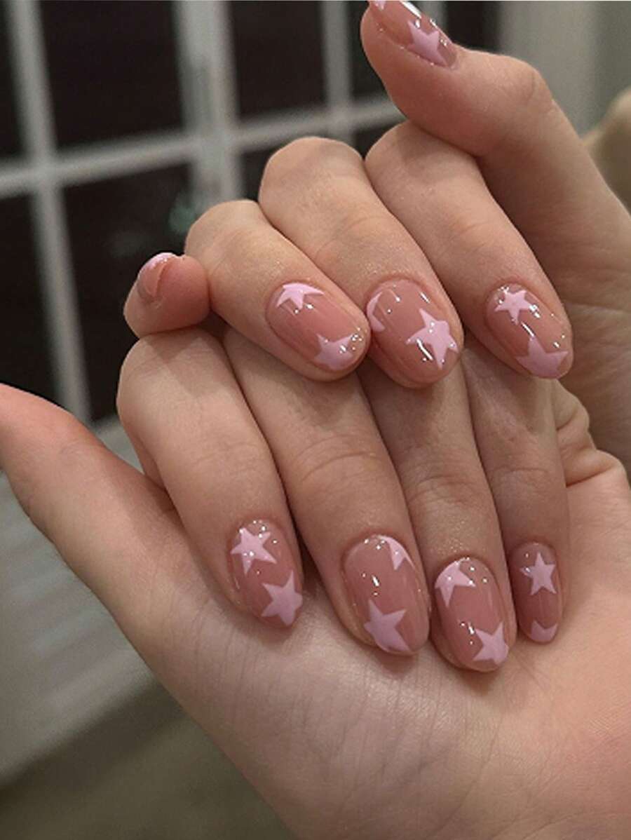24片椭圆形短指甲贴纸套装，法式简约粉色星星假指甲，甜美清新DIY美甲装饰，适合女性和女孩在任何场合佩戴 - 彩色 - 查看 1
