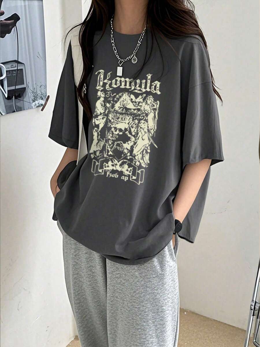 女士新款夏季字母与骷髅印花圆领宽松休闲百搭 T 恤 - 深灰 - 查看 1