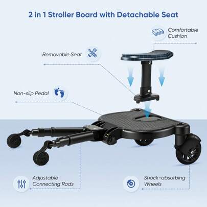 1 Pc Universal Buggy Board With Seat - Board - With Organiser Bag - Compatible With Over 99% Of Pushchairs - Pram Accessory - (25 Kg) - Ideal For Users - Suited For Convenience - Great For Stroller Enhancement