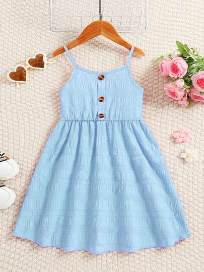 Girls' Summer Lightweight Outdoor Leisure Dress, Solid Color Knitted Jacquard Spaghetti Strap Decoration Button Off Shoulder Knee-Length Elegant Dress, Fashion Resort Wear, Breathable & Refreshing