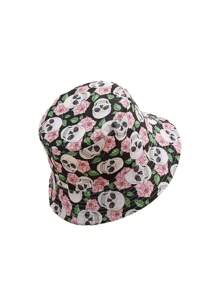 1 Stück modischer umkehrbarer Fischerhut für Damen mit rosafarbenem Blumen- und Skelettdesign, geeignet für lässige Frühlings- und Sommeroutfits