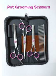 Professional Pet Grooming Scissors Set - Straight Shears, Thinning Shears, Curved Shears, Steel Comb, Suitable For Pet Hair Trimming And Brushing, Pink Grooming Kit
