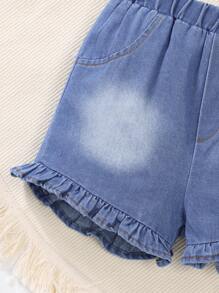 3pcs Girls Denim Shorts With Ruffle Hem Decoration, Casual Street Style, Multicolor - Multicolor - View 7