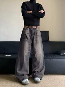 1pc Men's High Street Casual Versatile Loose Fit Distressed Wide Leg Jeans
