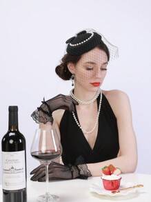 1 Set Bowknot, Faux Pearl & Mesh Bow Decor Elegant Afternoon Tea/Party Accessories, Including Hat, Gloves, Necklace, Suitable For All Seasons - A - View 1