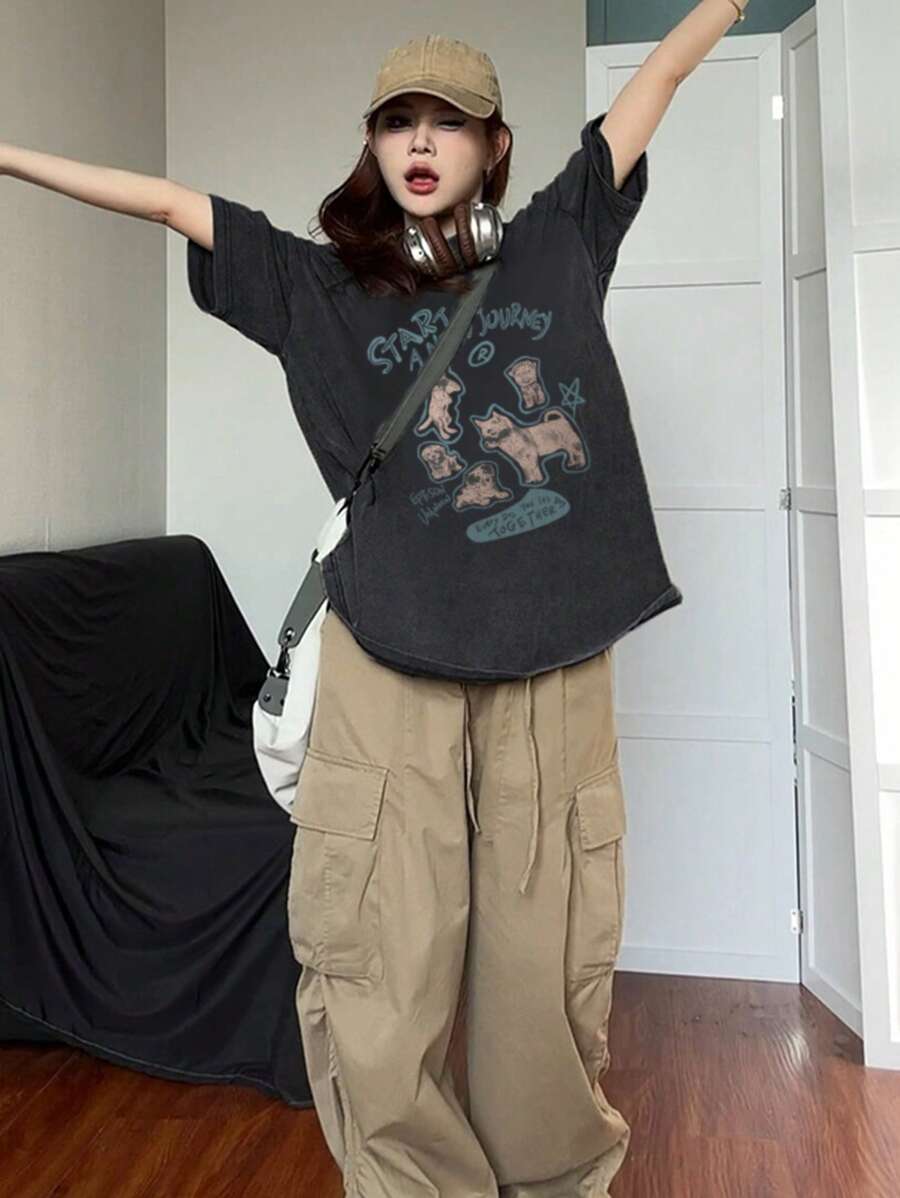 女款夏季新款简约字母小狗印花休闲百搭圆领短袖T恤,深灰色 - 深灰 - 查看 1