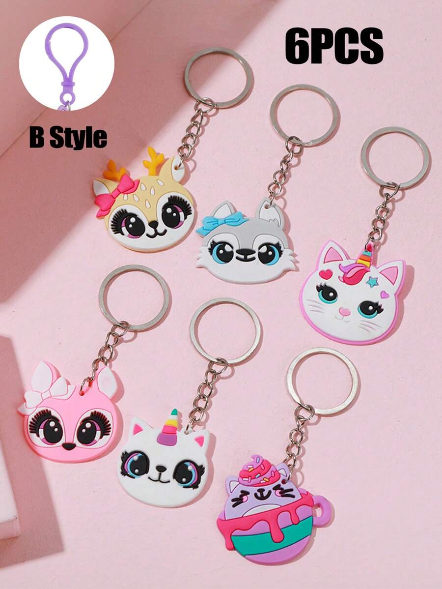 1/6 Piezas Llavero con colgante de anillo de hierro/plástico de niño y niña con diseño de gato de dibujos animados, lindo accesorio decorativo para equipaje, pequeño regalo para familiares y amigos - A - Ver 1