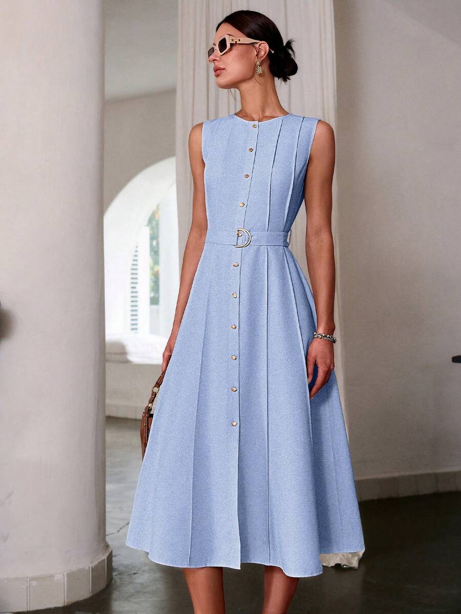 Sollinarry 女士简约纯色无袖收腰长裙、办公室服装、教师服装