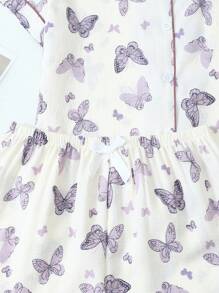 [Elegant Fields]2pcs Butterfly Print Collared Single-Breasted Short Sleeve Top With Pockets & Bowknot Shorts Pajama Set, Comfortable For Home Wear, Spring/Summer - White - View 5