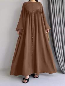 女士优雅仙女风单排扣灯笼袖长款阿拉伯连衣裙 春季 - 卡其色 - 查看 7
