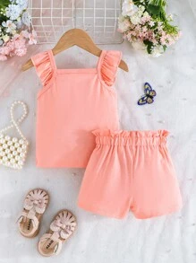 2 件装婴儿/女婴可爱简约字母印花盖袖上衣和蝴蝶装饰短裤套装，透气，适合夏季