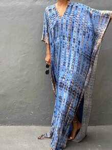 Plus Size Printed Long Beach Dress, V-Neck Batwing Sleeve Split Long Dress For Women