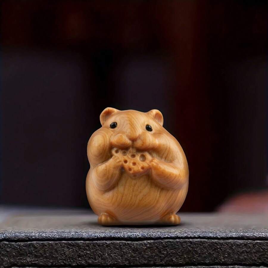 قطعة حرفية واحدة منحوتة من خشب الصندل على شكل همستر - قطعة ديكور خشبية صغيرة جميلة ومفصلة، مناسبة للمنزل والمكتب، هدية رائعة