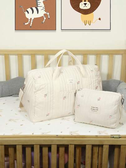 1pc Large Capacity Embroidered Maternity Shoulder Bag + 1pc Stroller Hanging Embroidered Bag, Multi-Functional Maternity & Travel Storage Bag (Bear, Tulip, Olive)