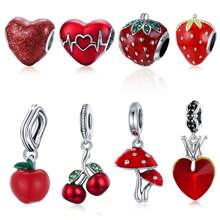 WOSTU 1 pièce Pendentif en argent sterling 925 avec cerise rouge émaillée et forme de cœur, accessoire pour bracelet et collier de femme
