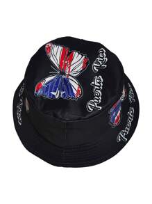 1pc Women's Outdoor Bucket Hat, New Printed Beach Hat, Double-Sided Sun Hat, Butterfly & Letter Bohemian Design, Couples Casual Hat, Polyester, Suitable For All Seasons, Spring/Summer