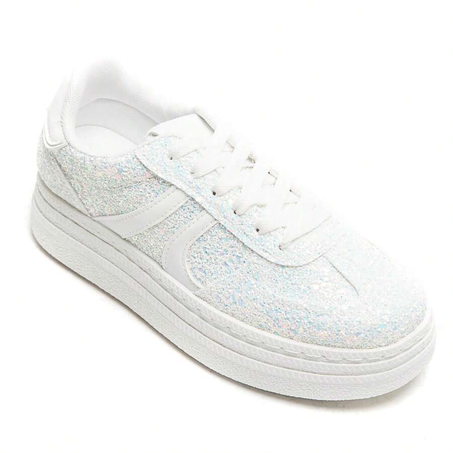Giày thể thao đế dày có đính sequin và dây giày cổ điển - trắng - Xem 1