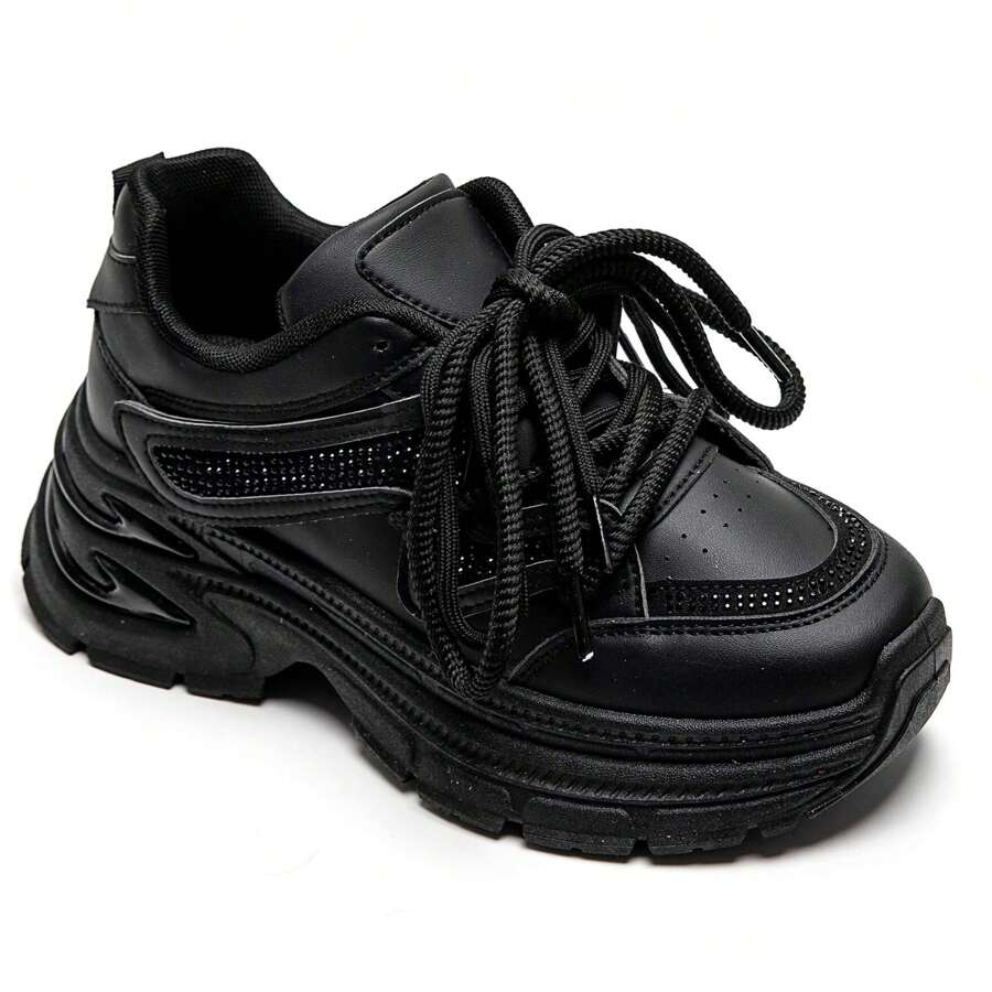 Fashionable Casual Versatile Rhinestone Thick Sole Sneakers - Black - View 1
