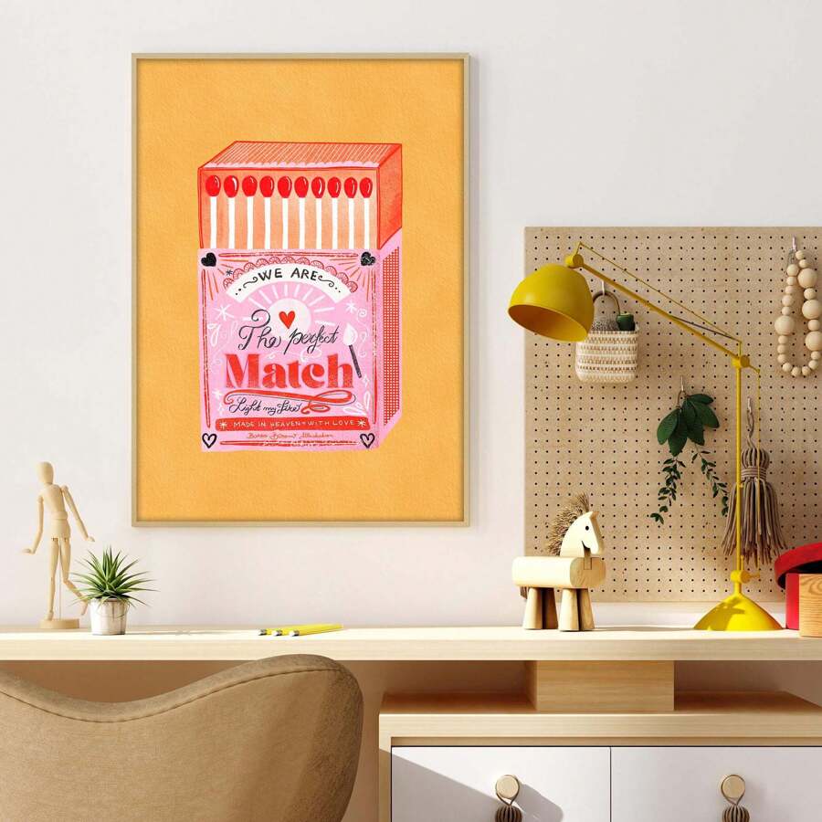 1pc Perfect Match Wall Art Picture Vintage Canvas Prints Paintings Pink Matchbox Poster Contemporary Decor For Bedroom, Living Room, Or Dorm Unframed - Multicolor - View 1