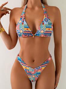 Costume da bagno con fiocco, colorato e con stampa geometrica sexy, per le donne, bikini decorativo alla moda per vacanze al mare e in villaggi turistici