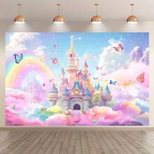 1 Spring Floral Background, Butterfly And Castle Design, Polyester Fiber, Perfect For Teen Showers And Photo Booth Props, Photography Studio Props