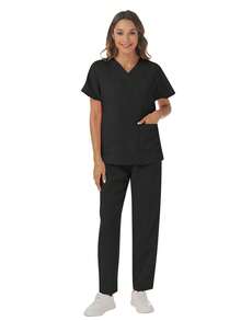 Solid Color V-Neck Short Sleeve Top & Elastic Waist Multi-Pocket Pants, Scrub Uniform Set - Black - View 3