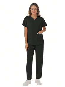 Ensemble de tenue de travail (Top col V manches courtes couleur unie et pantalon à taille élastique multi-poches)