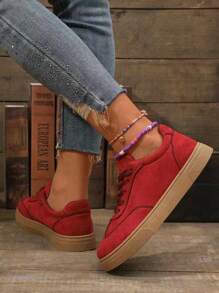 Women's Casual Yellow Sneakers, Comfortable Flat Casual Shoes, Breathable Walking Shoes, Fashionable - Red - View 4