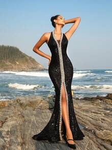 闪亮手工串珠高开叉晚礼服，奢华精致美人鱼正式晚会礼服，露背 V 领紧身胸衣舞会礼服，后背拉链 - 黑色 - 查看 4