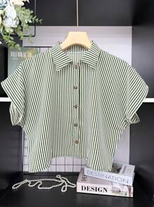 ELLIE Casual Striped Print Loose Cropped Shirt - 綠色條紋 - 查看 1