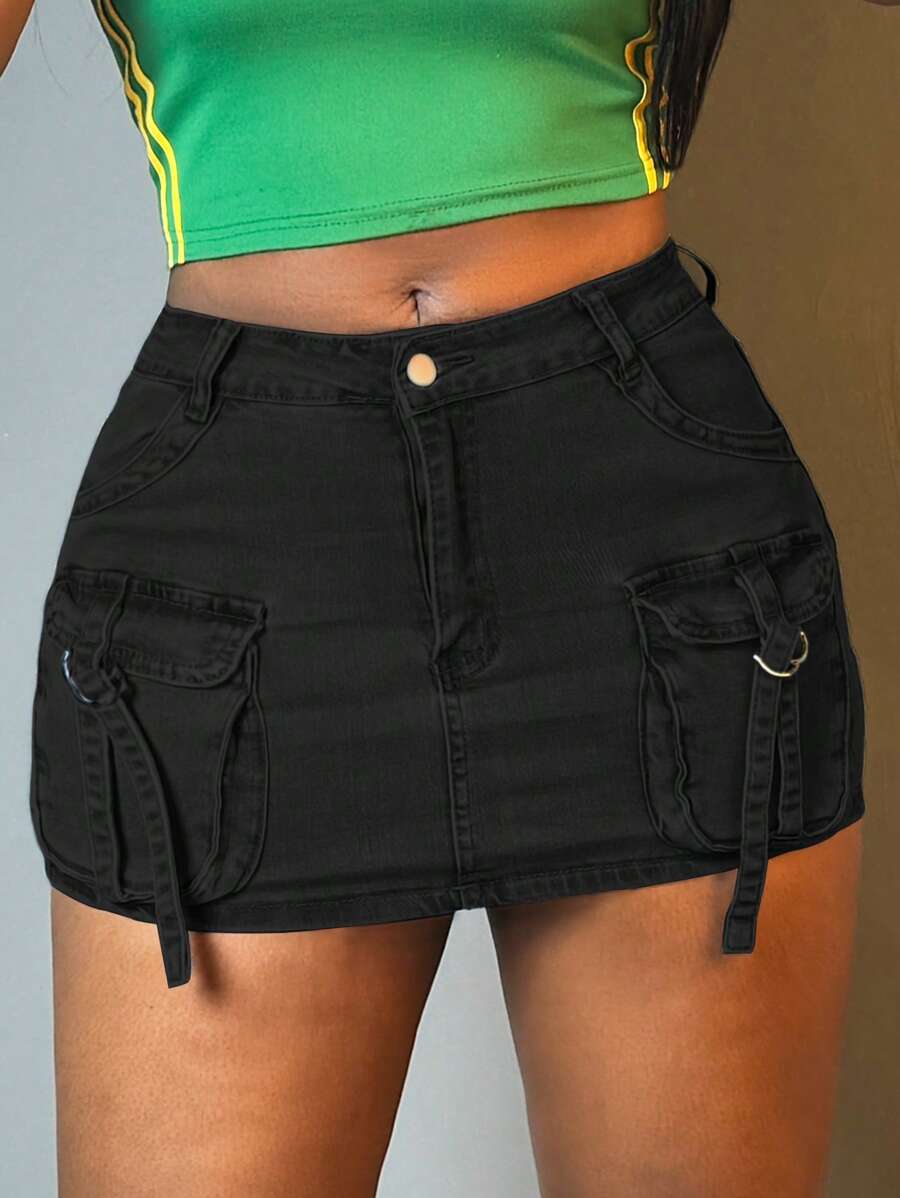 Women's Low - Waisted Mini Utility Skirt In Y2K Style, High - Stretch Tight - Fitting Button - Down Denim Skirt With Pockets. - màu đen - Xem 1