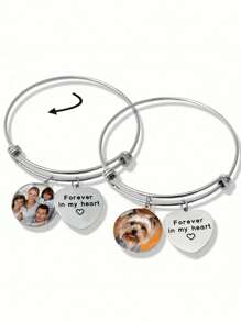 Customized Photo Stainless Steel Bracelet - Simple Style Heart Pendant Bracelet With The Inscription "Always In My Heart", Perfect For Daily And Gift Occasions, Perfect For Mother's Day, Personalized Family Photo Customization. - Silver - View 4