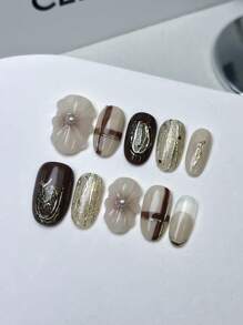 10 stuks/set Diy handgemaakte eenvoudige en veelzijdige handgetekende patronen, gemarmerde halo handgemaakte 3D-bloemvormen, gouden magische spiegelpoedereffecten, geschikt voor herfst- en winterkleding, inclusief korte 10 stuks/set Diy handgemaakte eenvoudige en veelzijdige handgetekende patronen pers op nagels