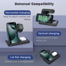 三合一快速无线充电器底座兼容 17/16/15/14 Pro Max/14 Pro/14 Plus/13/12/11/X/8 系列，兼容 Ultra/SE/10/9/8/7/6/5/4/3/2，兼容 Pro/3 多设备可折叠便携式充电支架 - 黑色 - 查看 5