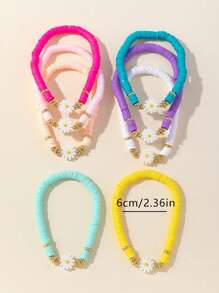 6pcs Cute Daisy Polymer Clay Elastic Bracelet Set, Floral Elastic Jewelry With Customizable Colors, Adorable Theme For 3-14 Years Old, No Metal Plating, Holiday & Birthday Gift Set - Classic Style Handmade Bracelet, Everyday Wear Jewelry Accessory Gift For Friends