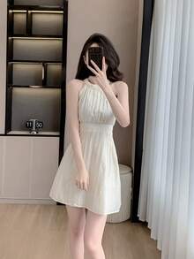 RUIWY Chiffon Apricot Color Waisted Slimming Comfortable Breathable Elegant Fashion Lady Dress, Sleeveless Short Design With Big Bow Back, Suitable For Spring And Summer