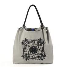 MZTKIN New Casual Elegant Embroidered Dark Gray Mandala & Paisley Flower Pattern, Foldable Nylon Shopping Bag, Large Capacity Handbag Tote, Suitable For Commuting, Shopping, Beach Party