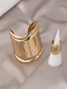 1 Set Minimalist Yet Bold Open Metal Bangle And Ring Jewelry Set, Vintage, Unique Crossborder Style - Gold - View 6