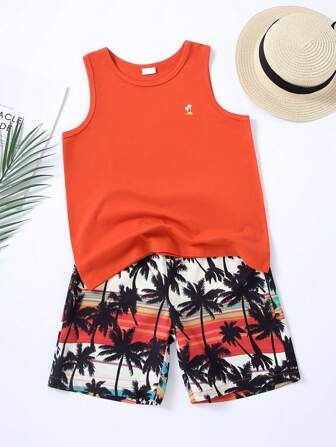 2pcs/Set: Teen Boy Tree Print Sleeveless T-Shirt And Elastic Waist Hawaiian Shorts