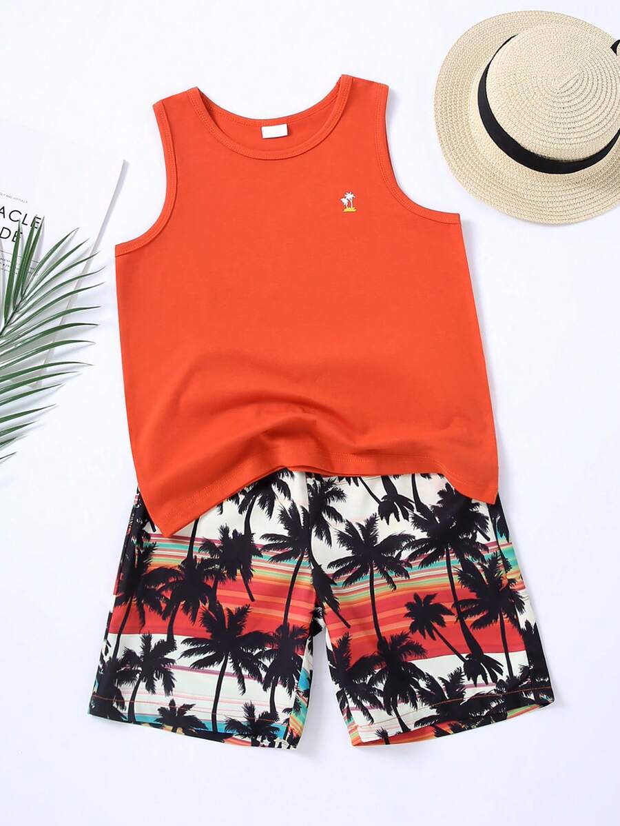 2pcs/Set: Teen Boy Tree Print Sleeveless T-Shirt And Elastic Waist Hawaiian Shorts