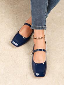 2026 女式复古方头玛丽珍平底鞋，百搭春秋休闲鞋，2025 新款亮面办公室女士乐福鞋，芭蕾 - 藍色 - 查看 3