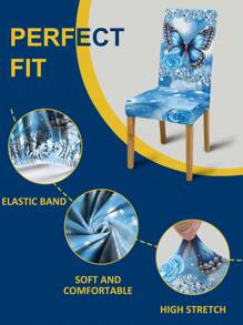 1pc 3D Butterfly Print Chair Cover, Stretch Milk Silk Full Chair Slipcover, Decorative Chair Cover For Kitchen And Dining Room - Blue - View 5