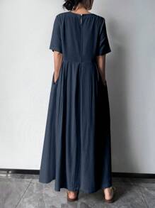 女士春夏休闲装 假日装，女士度假装，简约休闲装，亚麻服装，温和透气，纯色，超大口袋细节连衣裙，长裙优雅连衣裙 - 藏蓝色 - 查看 6