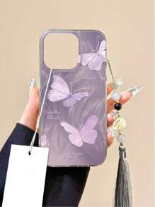 New Gradient PC+TPU Butterfly Pattern Electroplated Anti-Fall Phone Case With Decorative Beaded Tassel Fan Pendant, Compatible With Apple 16/16 Pro/16 Pro Max, Compatible With Redmi, 14 Pro - Multicolor - View 3