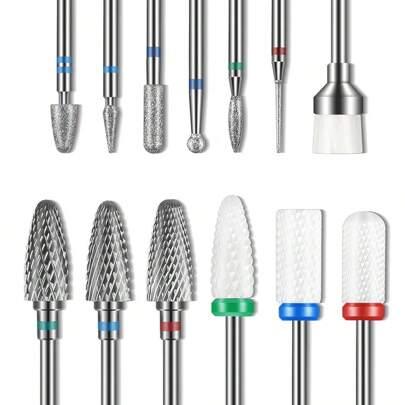 13pcs/Box 3/32 Nail Drill Bits Set, Drill Bits For Nails, 3pcs Tungsten Carbide Drill Bits+ 3pcs Ceramic Efile Nail Drill Bits+ 6pcs Diamond Drill Bits+ 1pc Brush