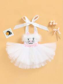Easter Little Girls Dress, Toddlers Cartoon Bunny Pattern Sequins Plush Mesh Splicing Hanging Neck Sleeveless Princess Skirt Birthday Party Dress - trắng - Xem 2