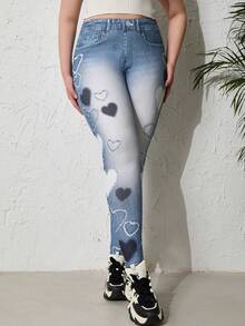 Plus Size Women Denim Effect Leggings - Blue - View 3
