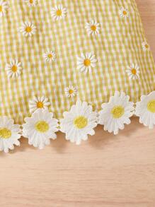 3pcs/Set Chrysanthemum Print Round Neck Sleeveless Top With Bowknot, Floral Trim Hem Shorts, Cute Outfit - Yellow - View 7